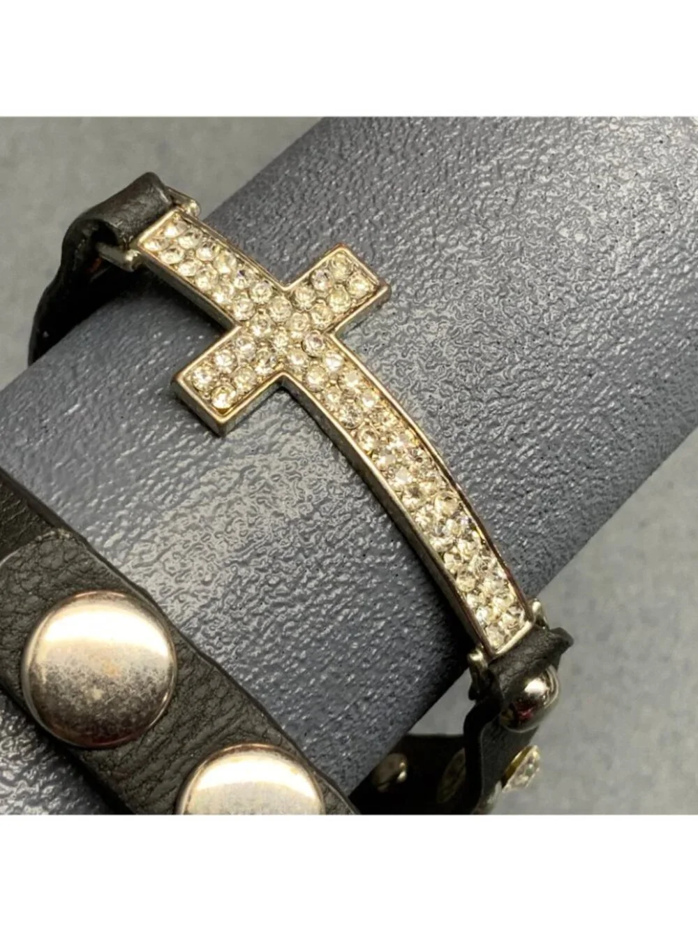 Cross Wrap Bracelet 22 In Silver Studded Black Leather Rhinestone Adjustable